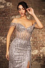 Red Carpet Dress Off-Shoulder Sequin High Split By May Queen MQ2132 - Dress