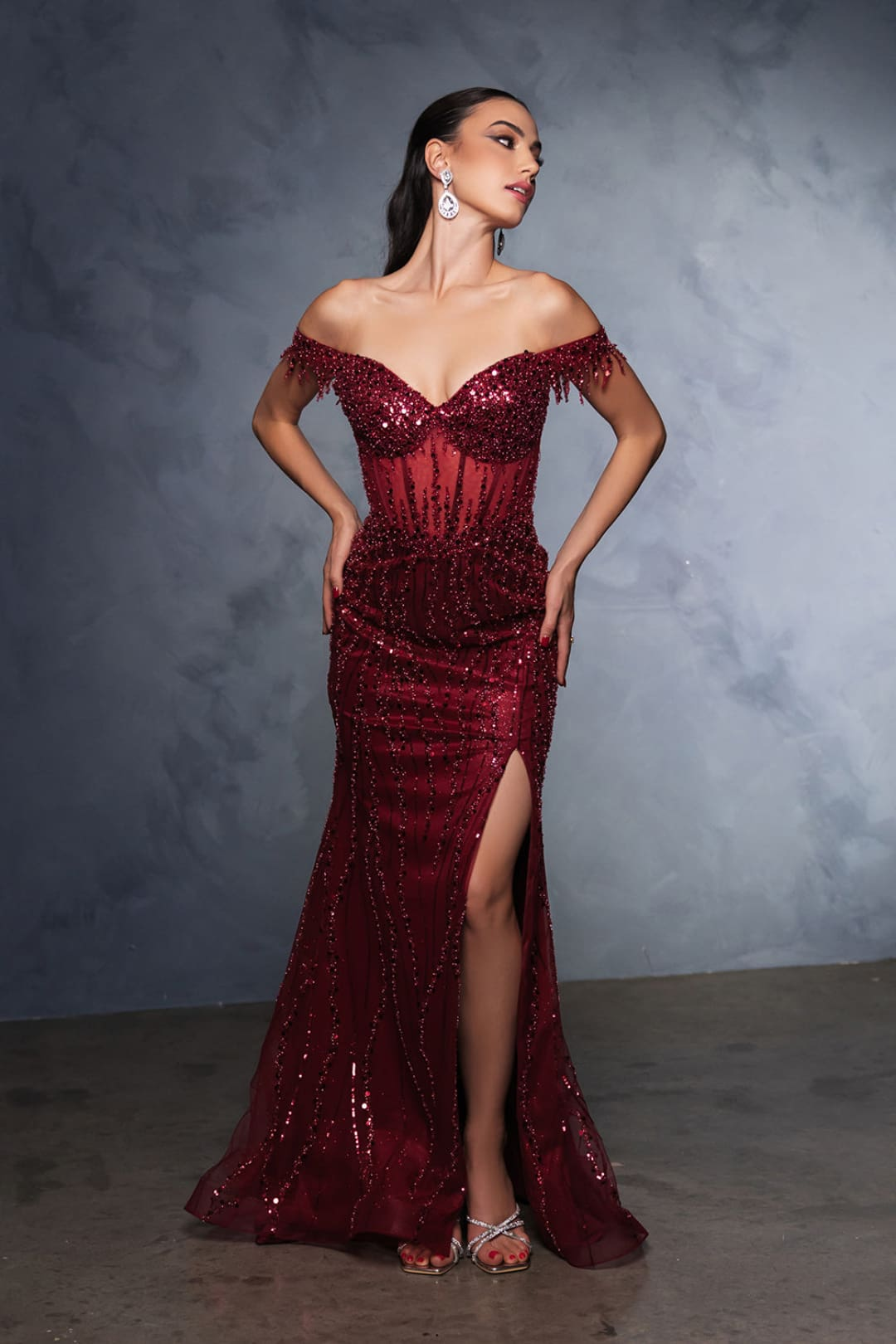 Red Carpet Dress Off-Shoulder Sequin High Split By May Queen MQ2132 - BURGUNDY / 4 - Dress