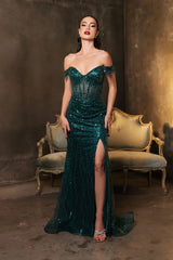 Red Carpet Dress Off-Shoulder Sequin High Split By May Queen MQ2132 - HUNTER GREEN / 4 - Dress
