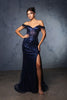 Red Carpet Dress Off-Shoulder Sequin High Split By May Queen MQ2132 - NAVY / 4 - Dress