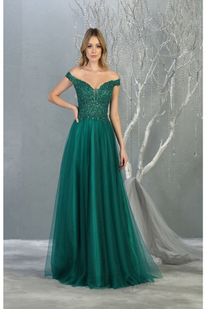 Royal Queen RQ7864 Off-Shoulder Sequin Embellished Prom Dress - HUNTER GREEN / 4 - Dress