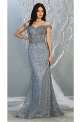 Off Shoulder Long Formal Gown - Dusty Blue / 4 - Dress