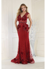 Royal Queen RQ7951 3D Floral Applique Evening Dress - BURGUNDY / 4 - Dress
