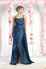 Royal Queen RQ8020 Sleeveless Sheer Side Sash Evening Gown - TEAL BLUE / 4 - Dress