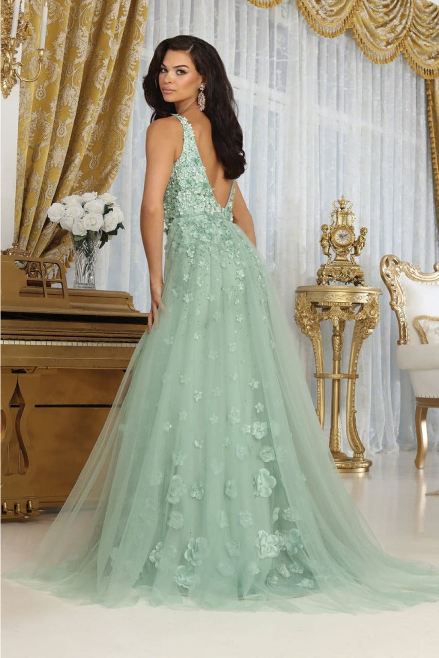 Royal Queen RQ8031 V-Neck Beaded Pearl High Slit Red Carpet Gown - Dress