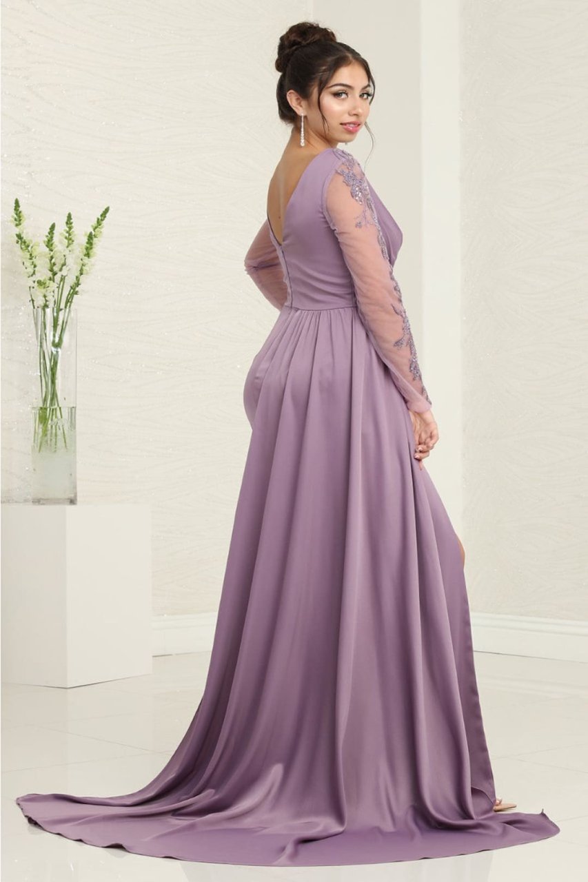 Royal Queen RQ8045 Plunging V-Neck High Slit Satin Long MOB Gown - Dress