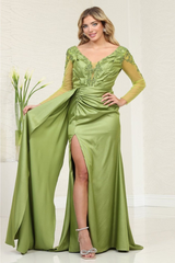Royal Queen RQ8045 Plunging V-Neck High Slit Satin Long MOB Gown - OLIVE / 6 - Dress
