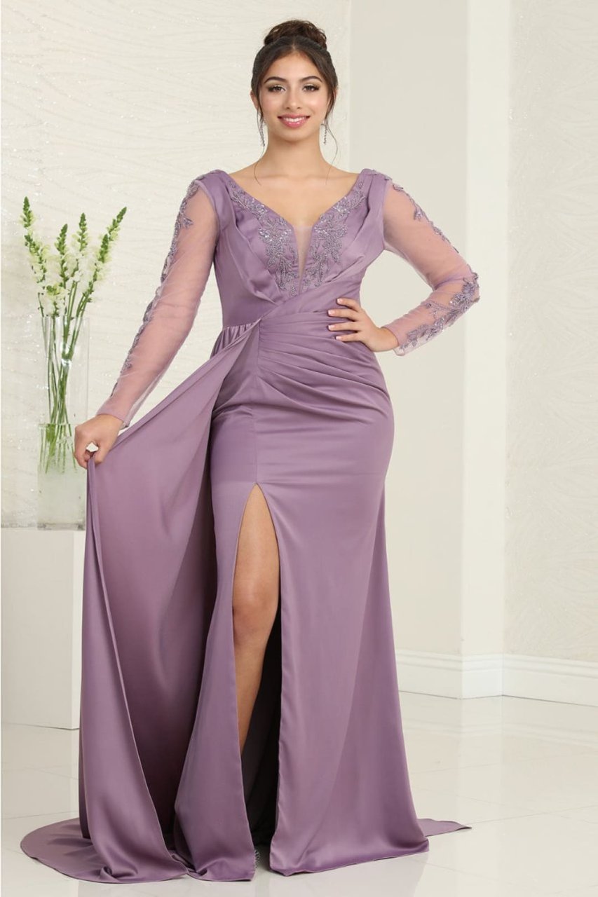 Royal Queen RQ8045 Plunging V-Neck High Slit Satin Long MOB Gown - VICTORIAN LILAC / 6 - Dress