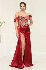 Royal Queen RQ8055 Off-Shoulder Cap Sleeve Beaded Pageant Gown - BURGUNDY / 4 - Dress