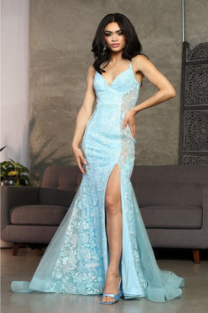 Royal Queen RQ8056 High Slit Sequin Floral Mermaid Prom Evening Dress - AQUA / 4 - Dress