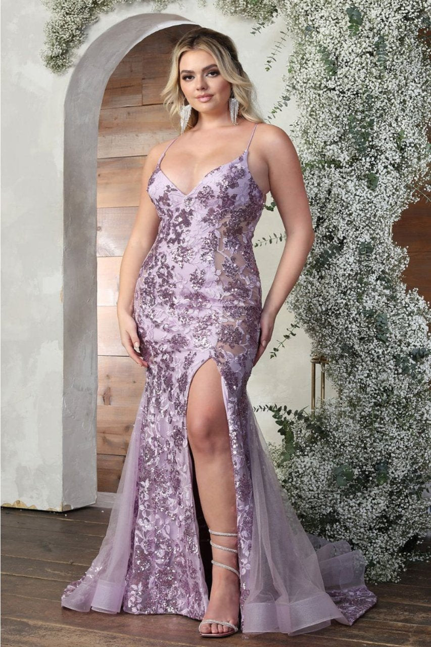 Royal Queen RQ8056 High Slit Sequin Floral Mermaid Prom Evening Dress - LILAC / 4 - Dress