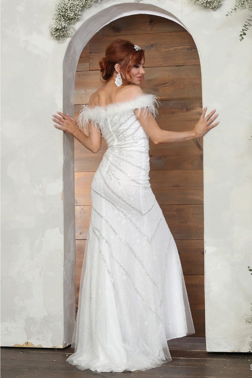 Royal Queen RQ8064B Ivory Feather Detailed Long Wedding Gown - IVORY / 4 - Dress