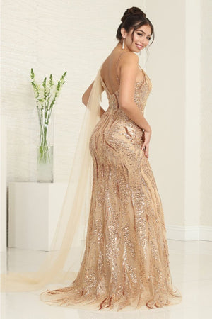 Royal Queen RQ8066 Plunging V-Neck Beaded Evening Sequin Dress - Dress