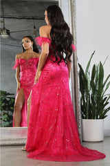 Royal Queen RQ8072 Feather Sequin Corset High Slit Red Carpet Gown - Dress