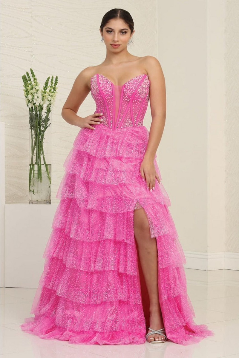 Royal Queen RQ8142 Strapless Layered Ruffle Tulle Pageant Gown - FUCHSIA / 4 - Dress