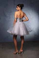 Semi Formal dress Beaded V-Neck A Line By May Queen MQ2105 - SILVER / 2 - Dress