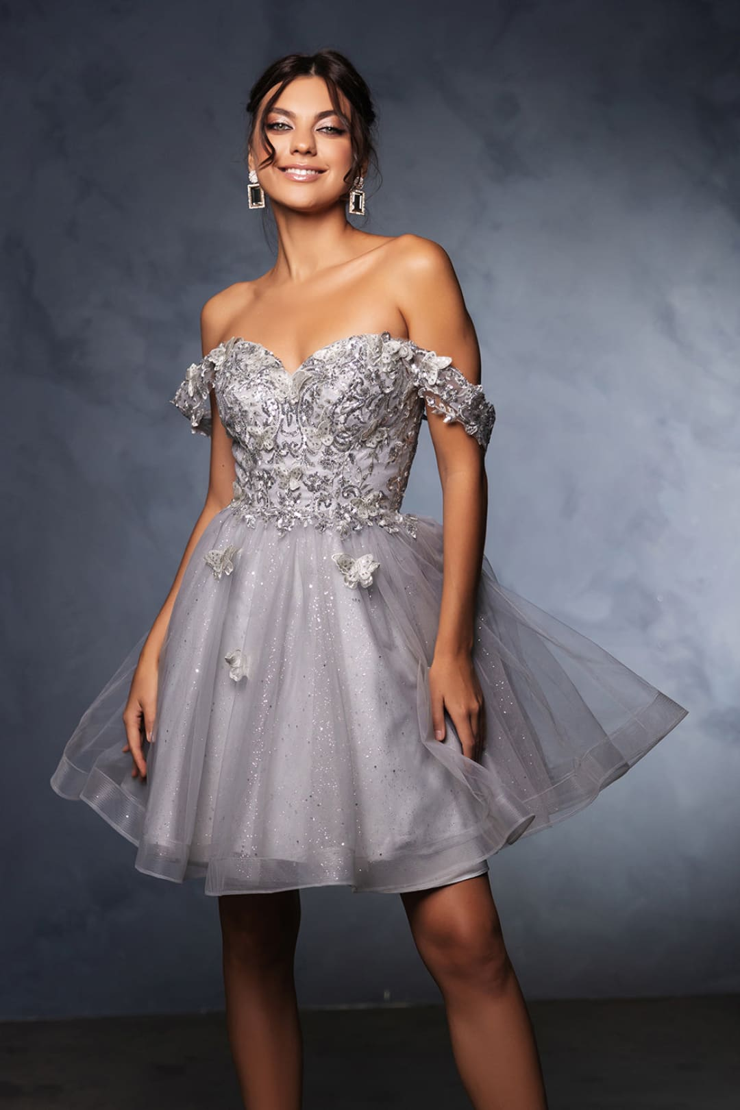 Semi Formal dress Beaded V-Neck A Line By May Queen MQ2105 - SILVER / 2 - Dress