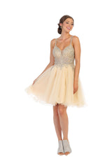 Short Prom Dress Fit and Flare Embroidered Homecoming Outfit By MQ1693 - Champagne / 2 - Dress