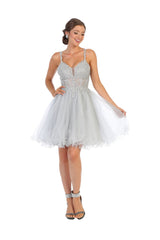 Short Prom Dress Fit and Flare Embroidered Homecoming Outfit By MQ1693 - Silver / 2 - Dress
