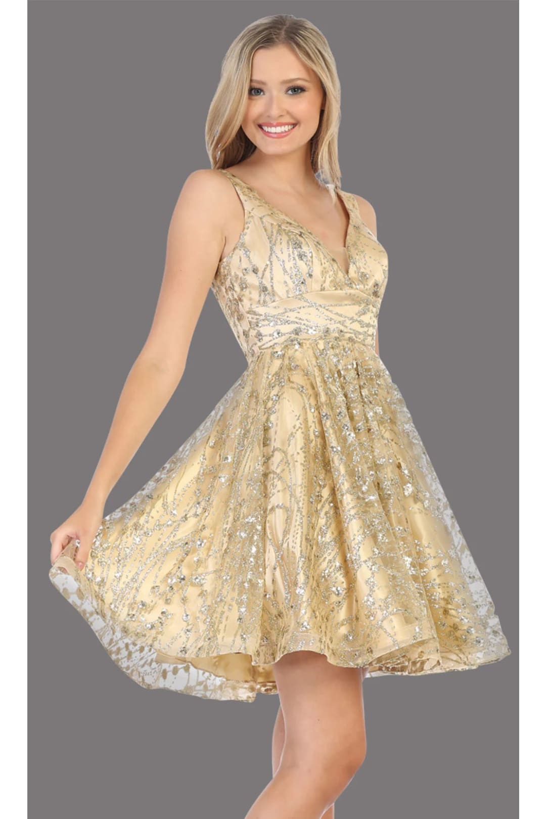 Short Prom Dress Homecoming Glitter A-line V-neck Style MQ1702 - Champagne / 4 - Dress