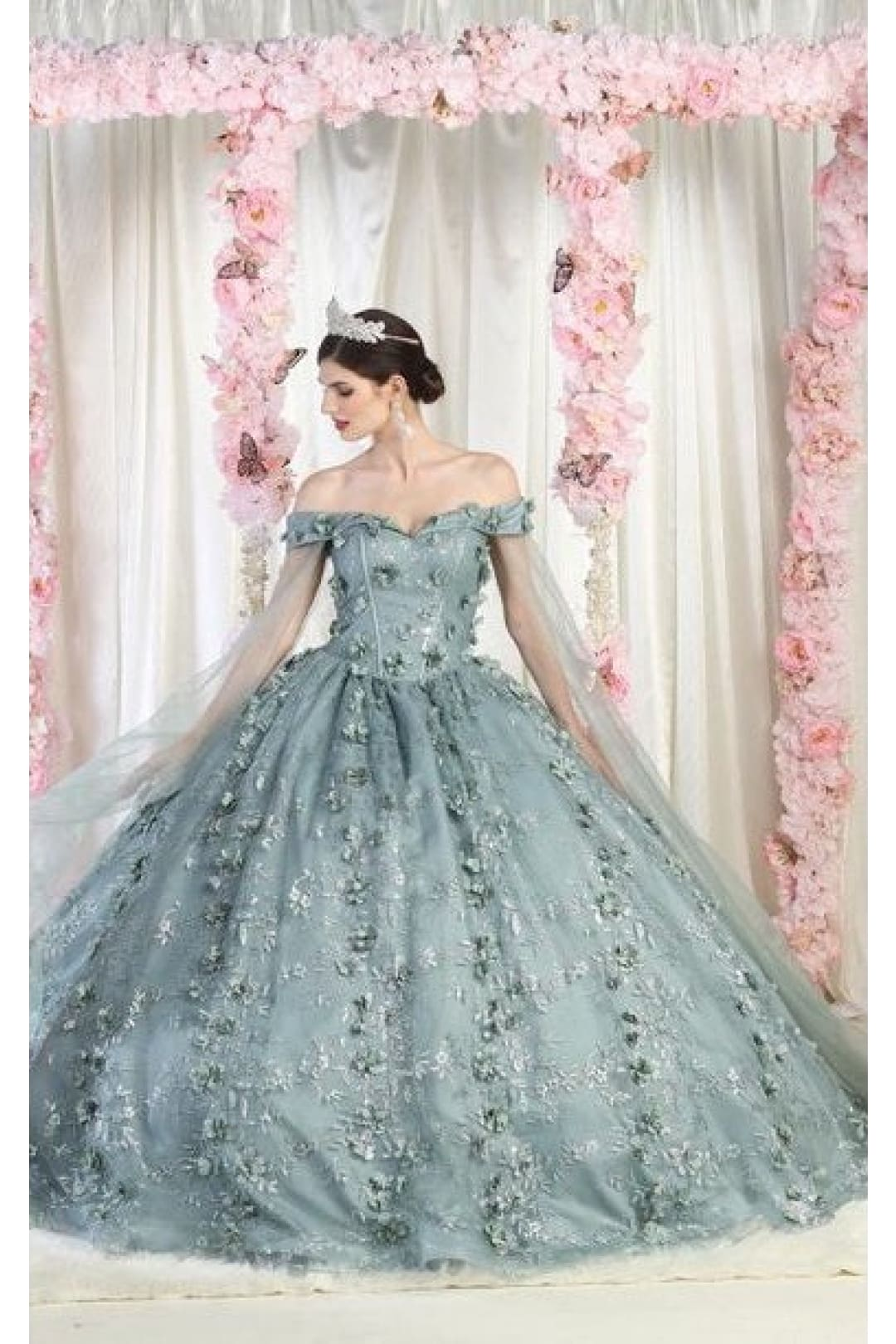 Layla K LK184 Cape Floral Quinceanera Ball Gown - SAGE