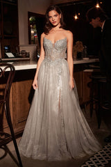 Tulle Strapless A-line Slit Gown by Ladivine CC487 - Silver / 2 - Long Formal Dresses